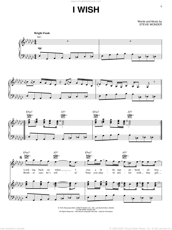 I Wish sheet music for voice, piano or guitar by Stevie Wonder, intermediate skill level