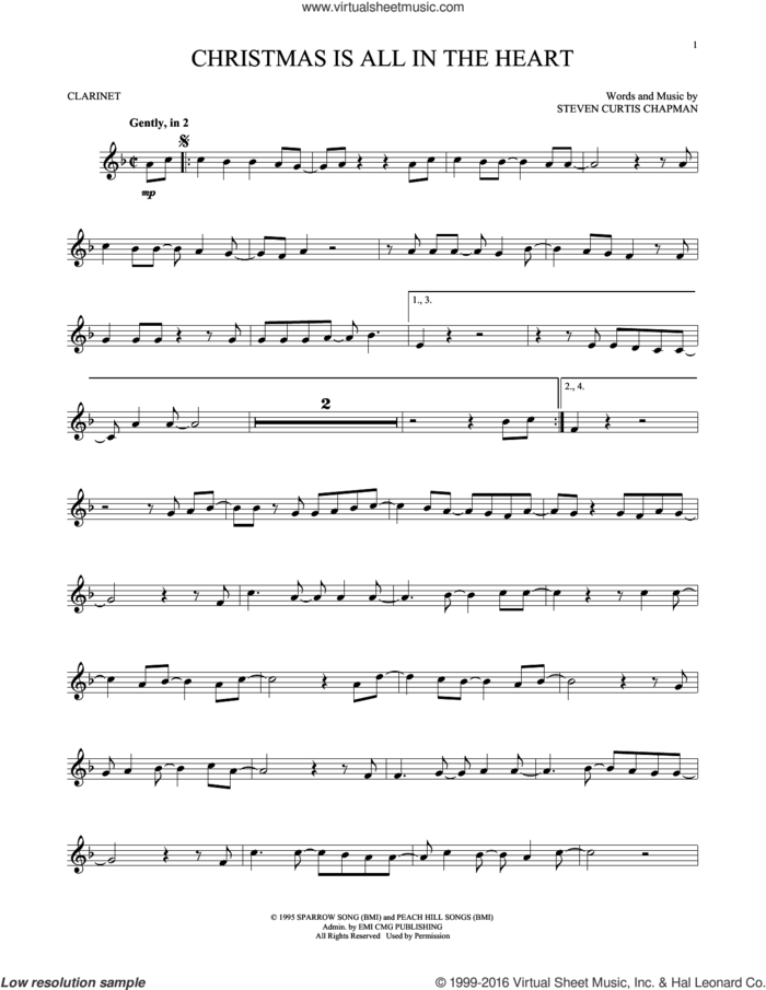 Christmas Is All In The Heart sheet music for clarinet solo by Steven Curtis Chapman, intermediate skill level