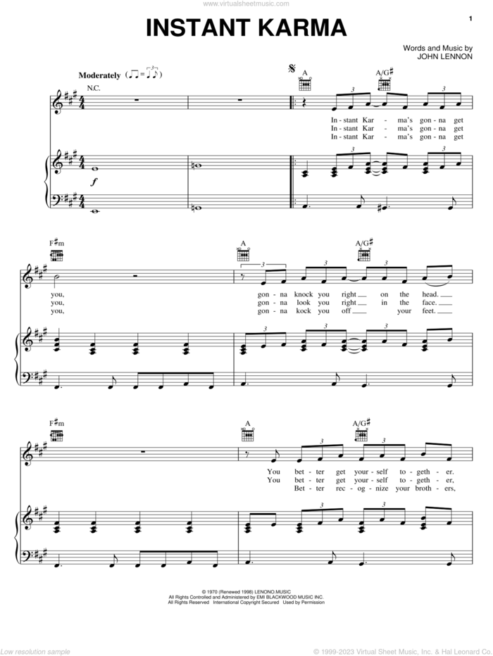 Instant Karma sheet music for voice, piano or guitar by John Lennon, intermediate skill level
