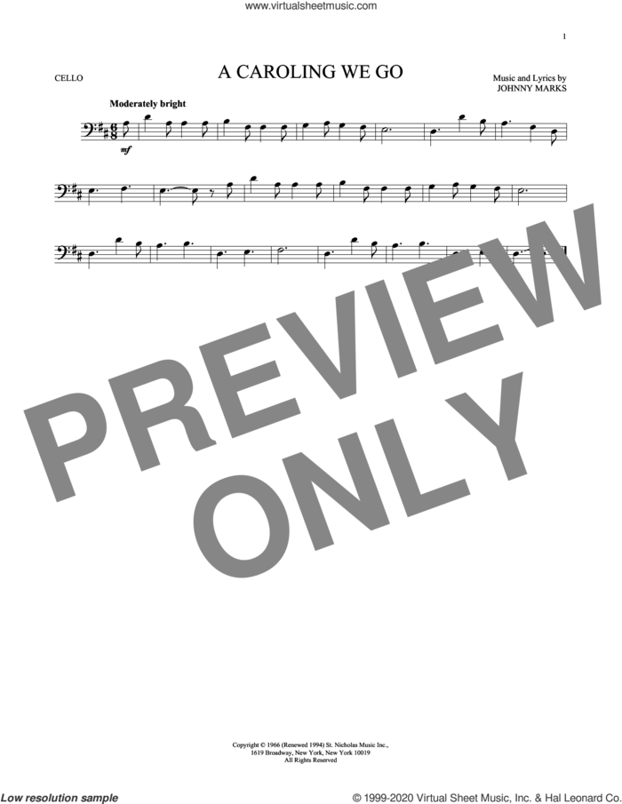 A Caroling We Go sheet music for cello solo by Johnny Marks, intermediate skill level