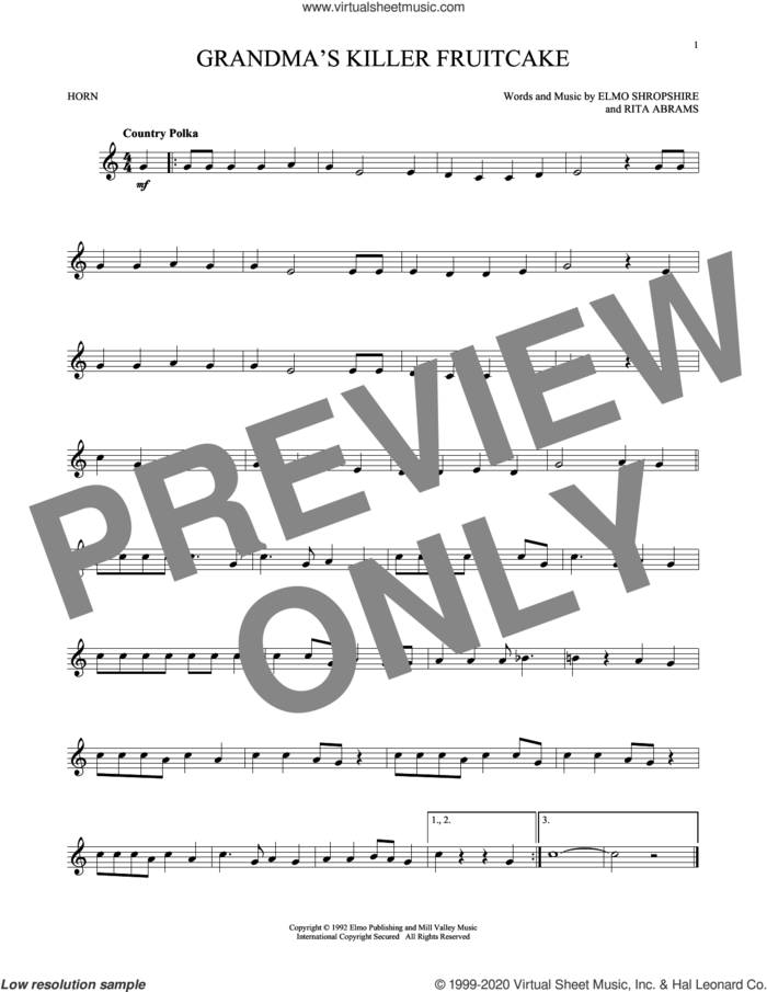 Grandma's Killer Fruitcake sheet music for horn solo by Elmo Shropshire and Rita Abrams, intermediate skill level