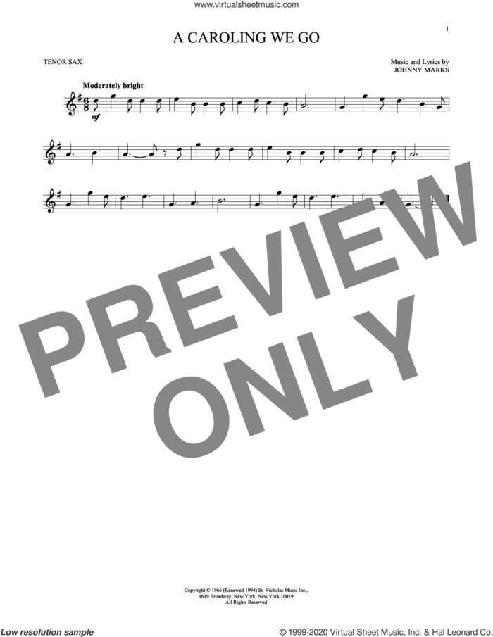 A Caroling We Go sheet music for tenor saxophone solo by Johnny Marks, intermediate skill level