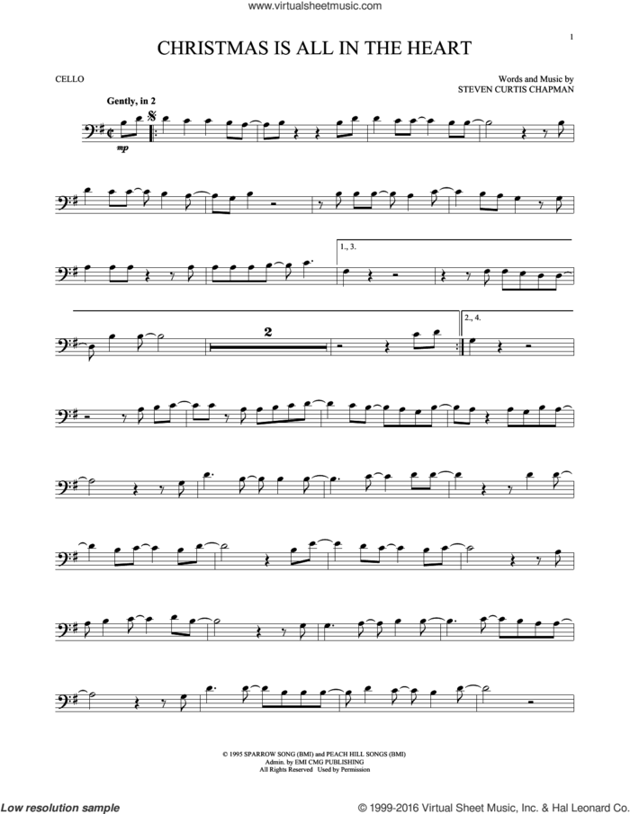 Christmas Is All In The Heart sheet music for cello solo by Steven Curtis Chapman, intermediate skill level