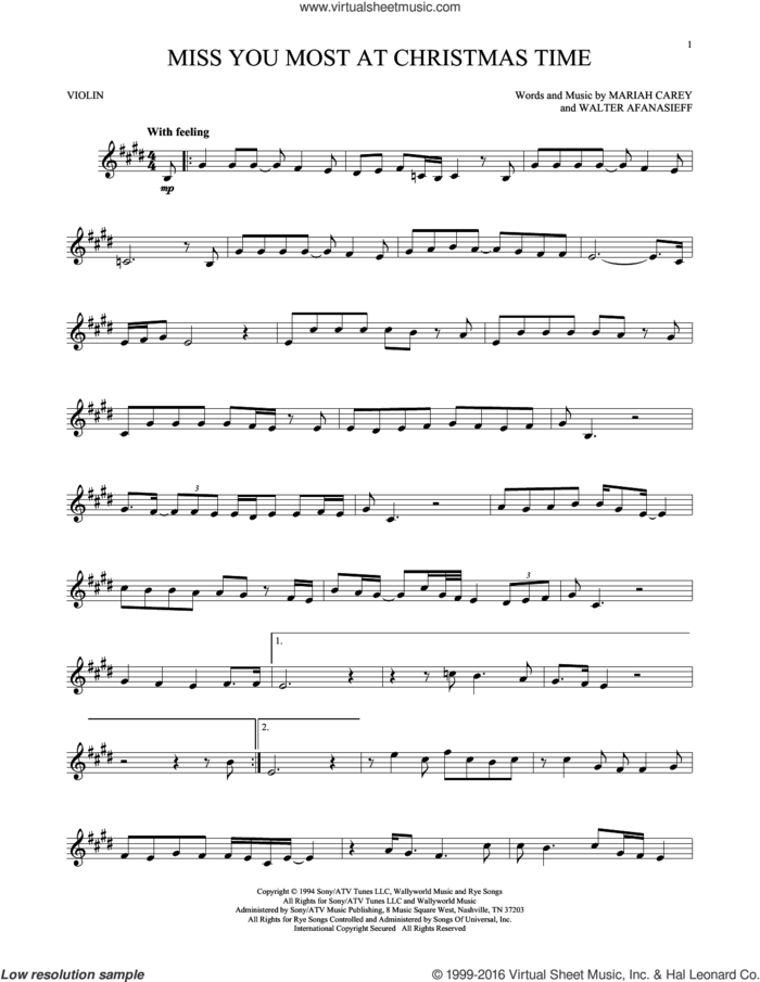 Miss You Most At Christmas Time sheet music for violin solo by Mariah Carey and Walter Afanasieff, intermediate skill level