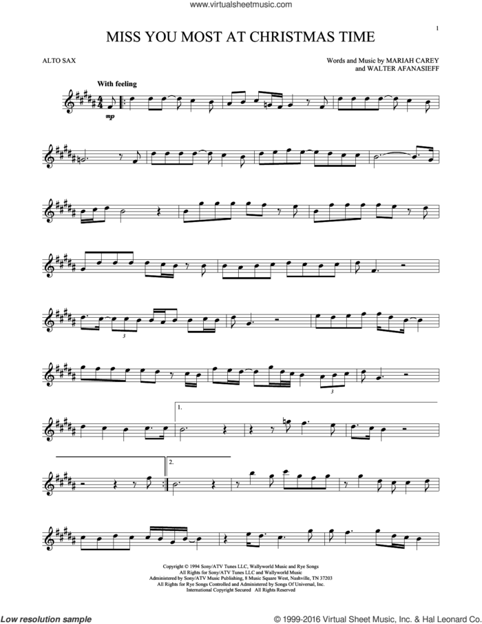 Miss You Most At Christmas Time sheet music for alto saxophone solo by Mariah Carey and Walter Afanasieff, intermediate skill level