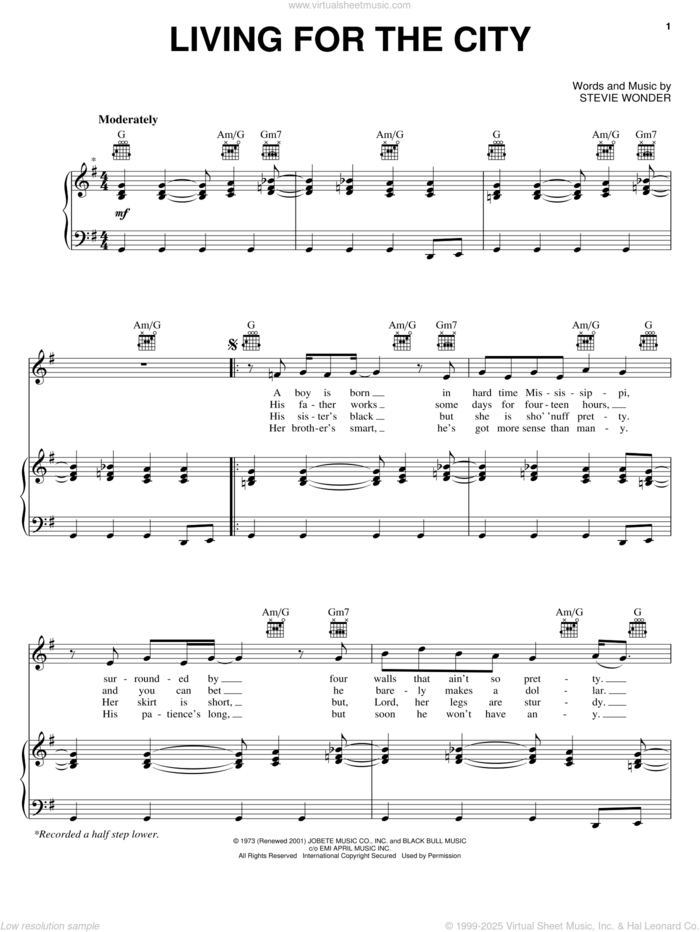 Living For The City sheet music for voice, piano or guitar by Stevie Wonder, intermediate skill level