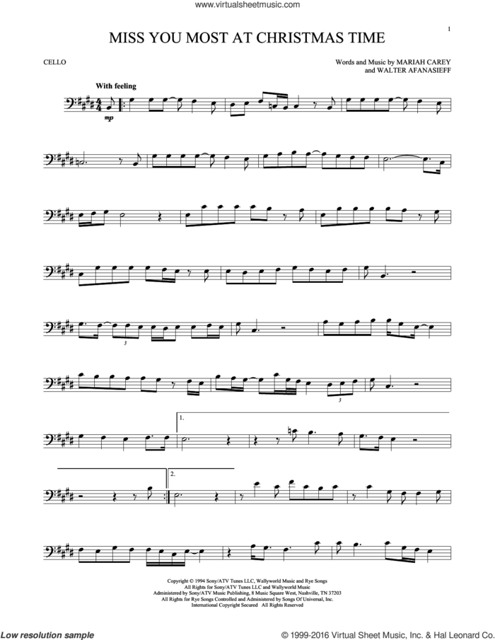 Miss You Most At Christmas Time sheet music for cello solo by Mariah Carey and Walter Afanasieff, intermediate skill level