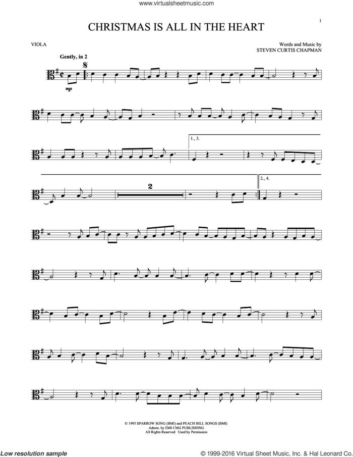 Christmas Is All In The Heart sheet music for viola solo by Steven Curtis Chapman, intermediate skill level