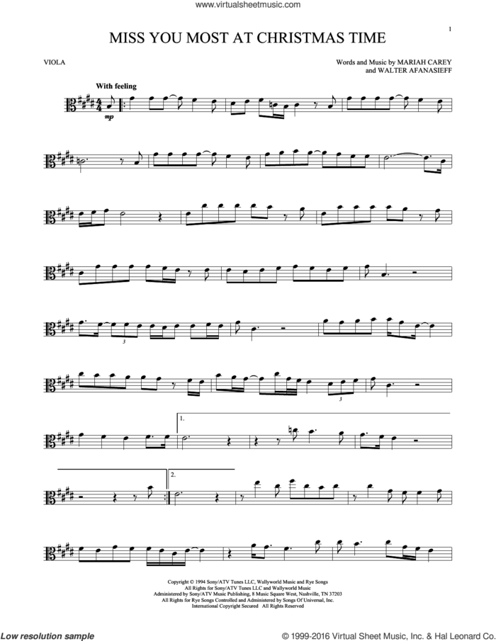 Miss You Most At Christmas Time sheet music for viola solo by Mariah Carey and Walter Afanasieff, intermediate skill level