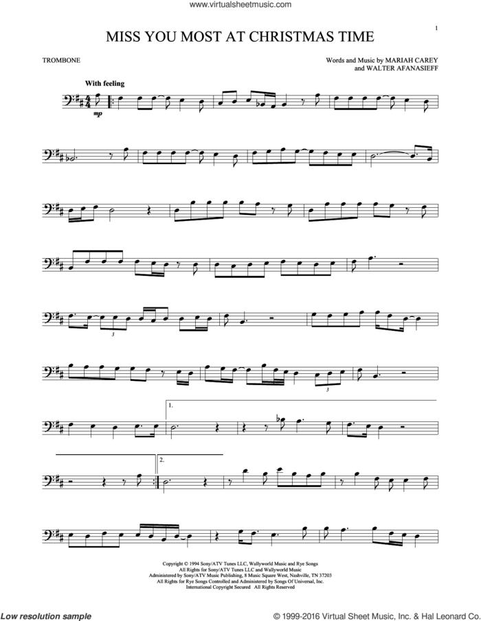 Miss You Most At Christmas Time sheet music for trombone solo by Mariah Carey and Walter Afanasieff, intermediate skill level