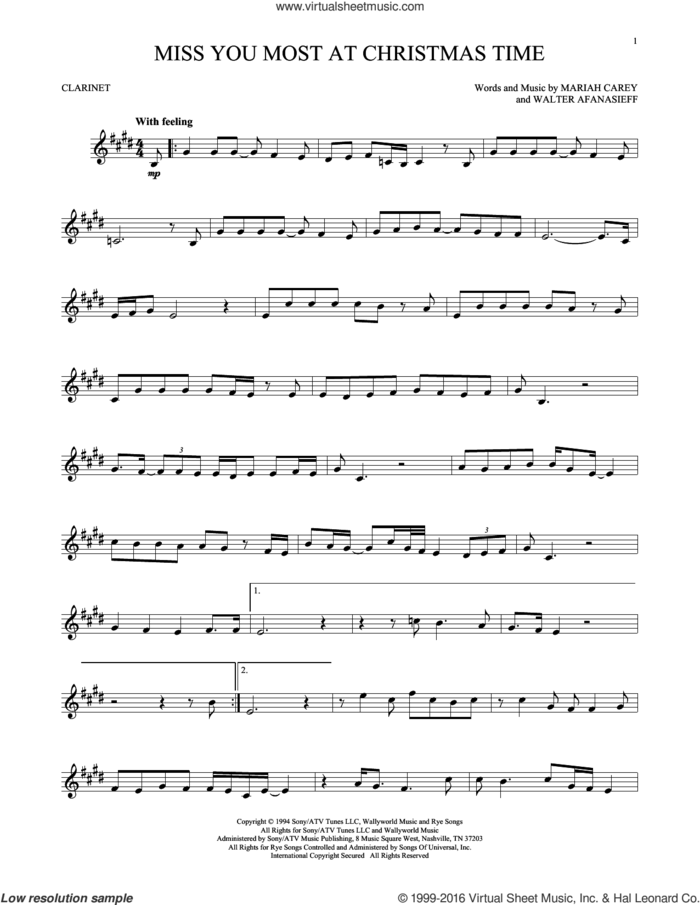 Miss You Most At Christmas Time sheet music for clarinet solo by Mariah Carey and Walter Afanasieff, intermediate skill level