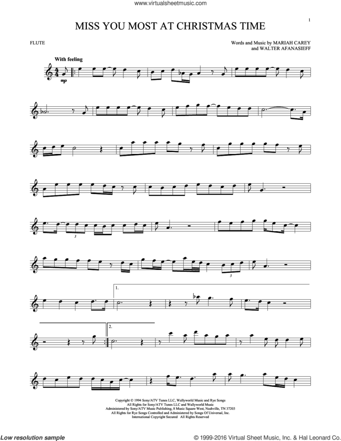 Miss You Most At Christmas Time sheet music for flute solo by Mariah Carey and Walter Afanasieff, intermediate skill level
