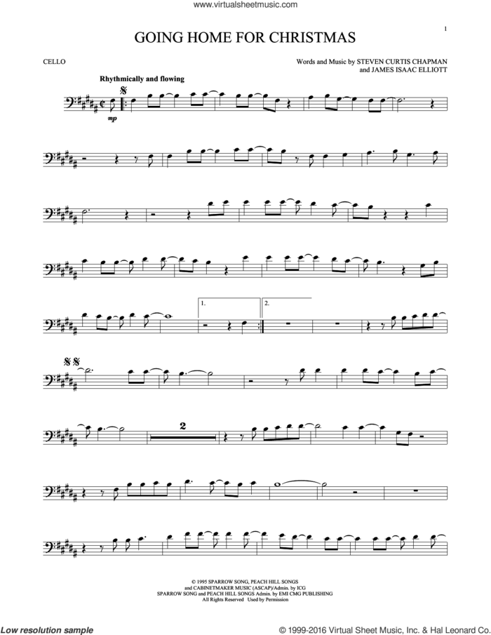 Going Home For Christmas sheet music for cello solo by Steven Curtis Chapman and James Isaac Elliott, intermediate skill level