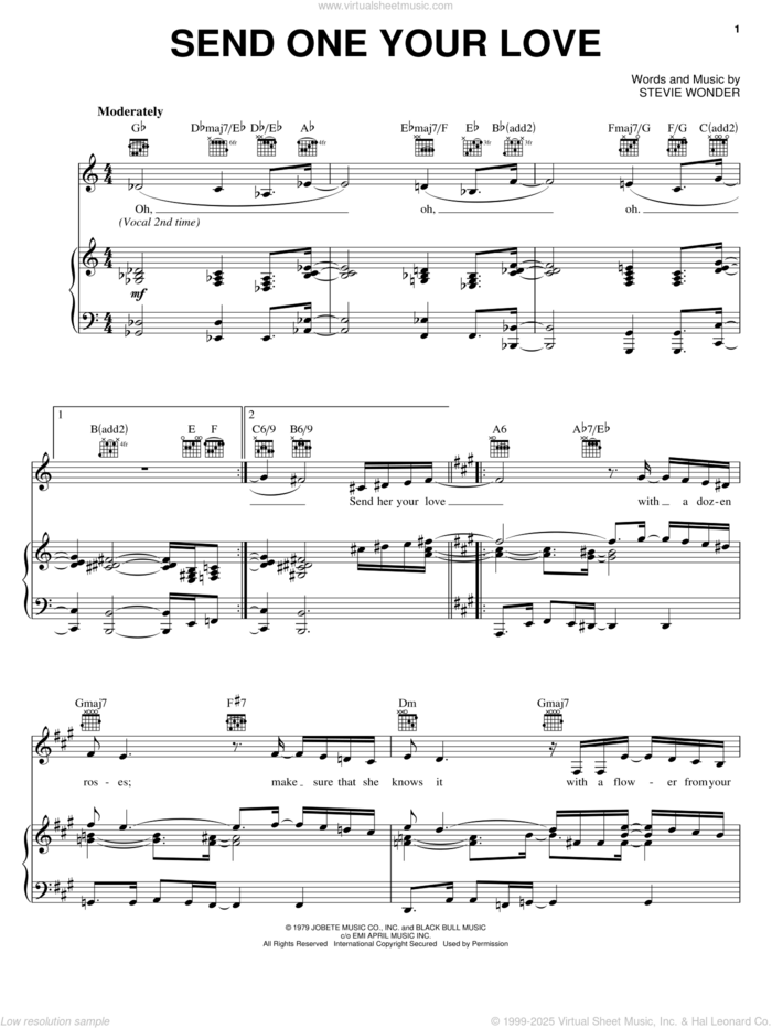 Send One Your Love sheet music for voice, piano or guitar by Stevie Wonder, intermediate skill level