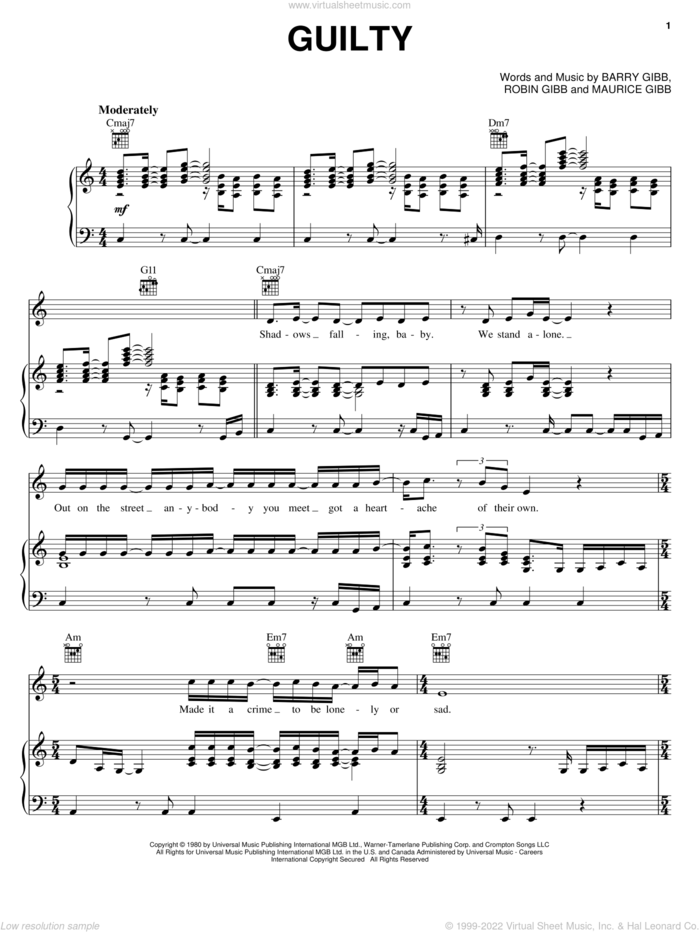 Guilty sheet music for voice, piano or guitar by Bee Gees, Barbra Streisand, Barry Gibb, Maurice Gibb and Robin Gibb, intermediate skill level