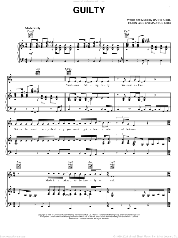 Guilty sheet music for voice, piano or guitar by Bee Gees, Barbra Streisand, Barry Gibb, Maurice Gibb and Robin Gibb, intermediate skill level