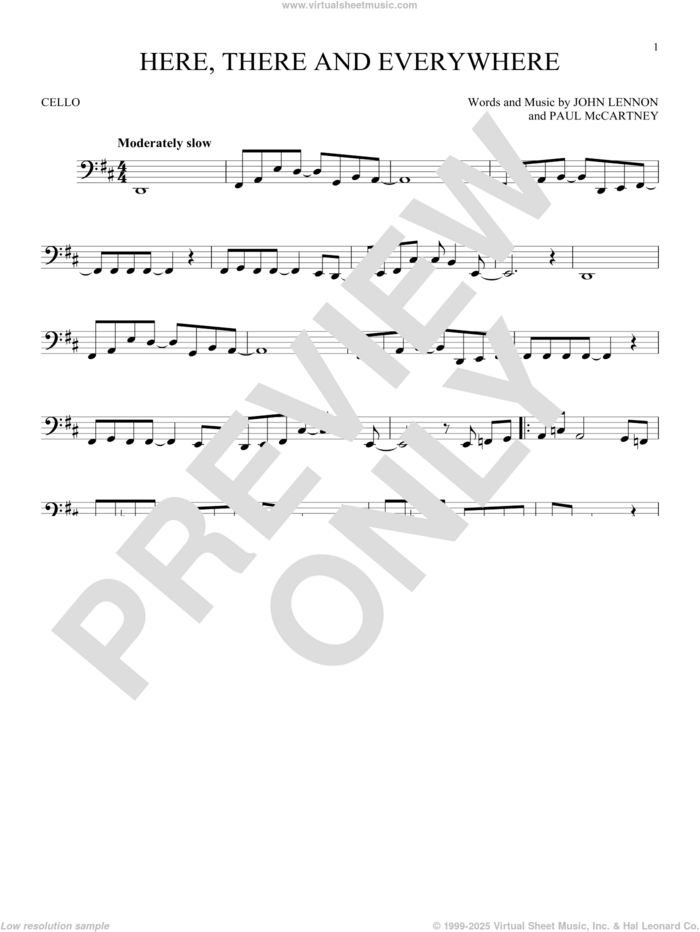 Here, There And Everywhere sheet music for cello solo by The Beatles, George Benson, John Lennon and Paul McCartney, wedding score, intermediate skill level