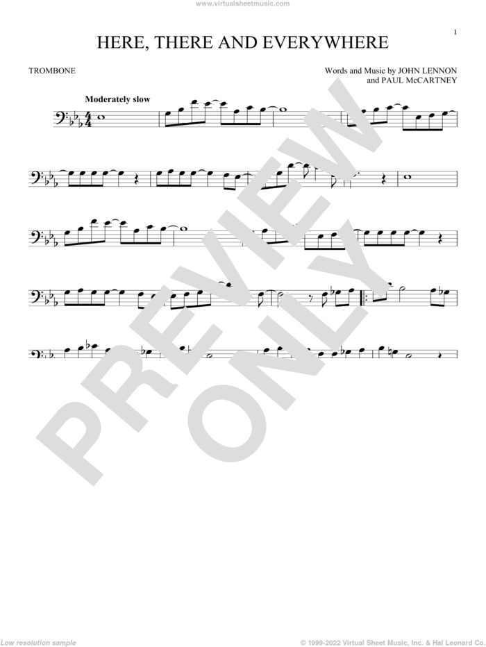 Here, There And Everywhere sheet music for trombone solo by The Beatles, George Benson, John Lennon and Paul McCartney, wedding score, intermediate skill level