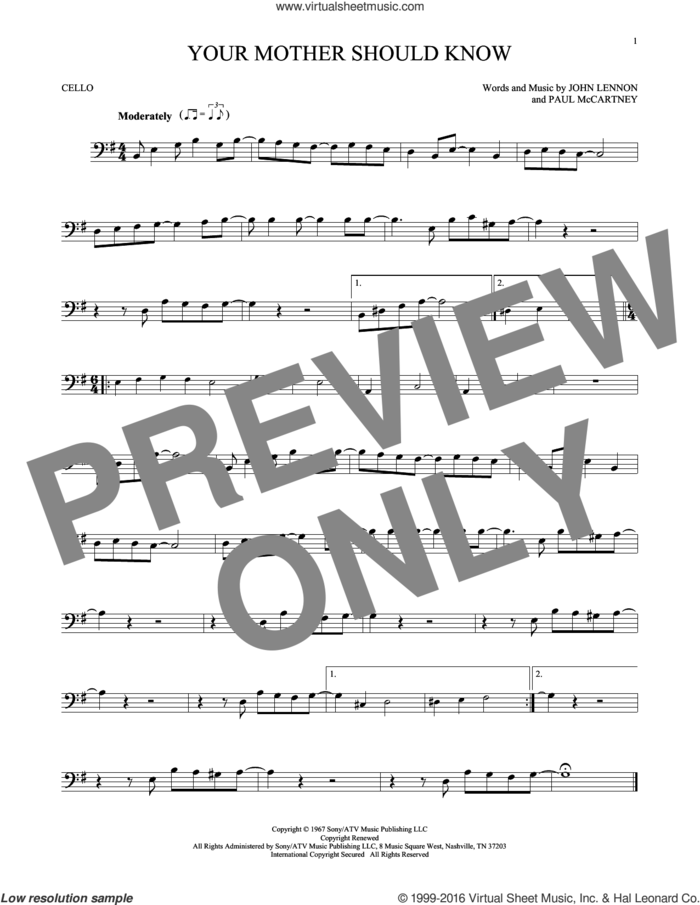 Your Mother Should Know sheet music for cello solo by The Beatles, John Lennon and Paul McCartney, intermediate skill level