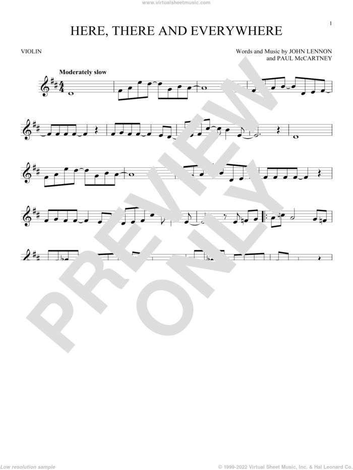 Here, There And Everywhere sheet music for violin solo by The Beatles, George Benson, John Lennon and Paul McCartney, wedding score, intermediate skill level