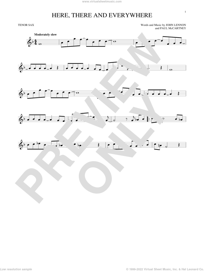 Here, There And Everywhere sheet music for tenor saxophone solo by The Beatles, George Benson, John Lennon and Paul McCartney, wedding score, intermediate skill level