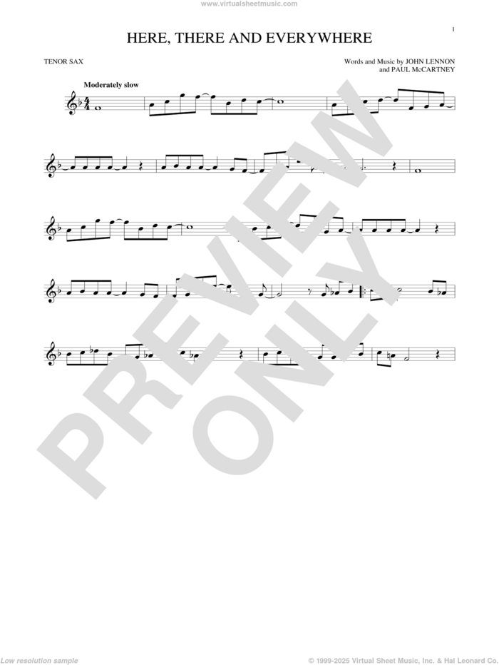 Here, There And Everywhere sheet music for tenor saxophone solo by The Beatles, George Benson, John Lennon and Paul McCartney, wedding score, intermediate skill level