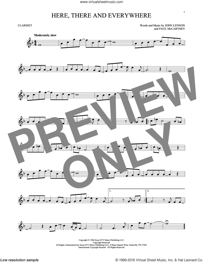 Here, There And Everywhere sheet music for clarinet solo by The Beatles, George Benson, John Lennon and Paul McCartney, wedding score, intermediate skill level