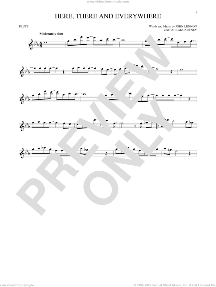 Here, There And Everywhere sheet music for flute solo by The Beatles, George Benson, John Lennon and Paul McCartney, wedding score, intermediate skill level