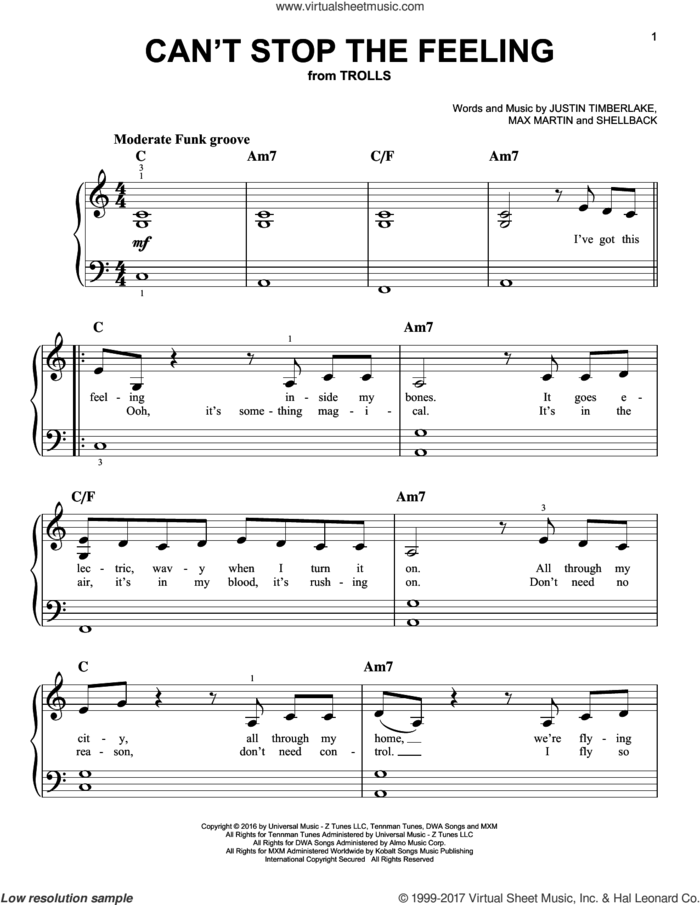 Can't Stop The Feeling sheet music for piano solo by Justin Timberlake, Johan Schuster, Max Martin and Shellback, easy skill level
