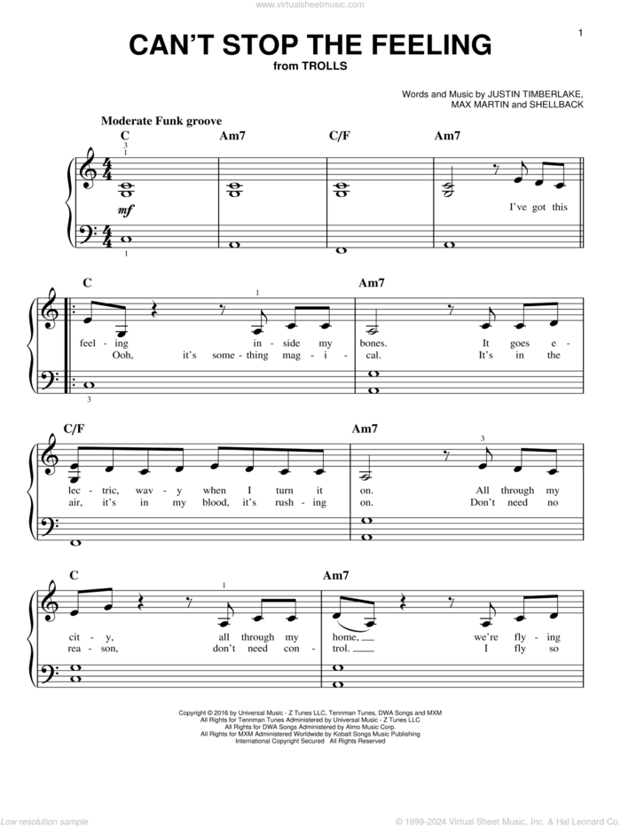 Can't Stop The Feeling sheet music for piano solo by Justin Timberlake, Johan Schuster, Max Martin and Shellback, easy skill level