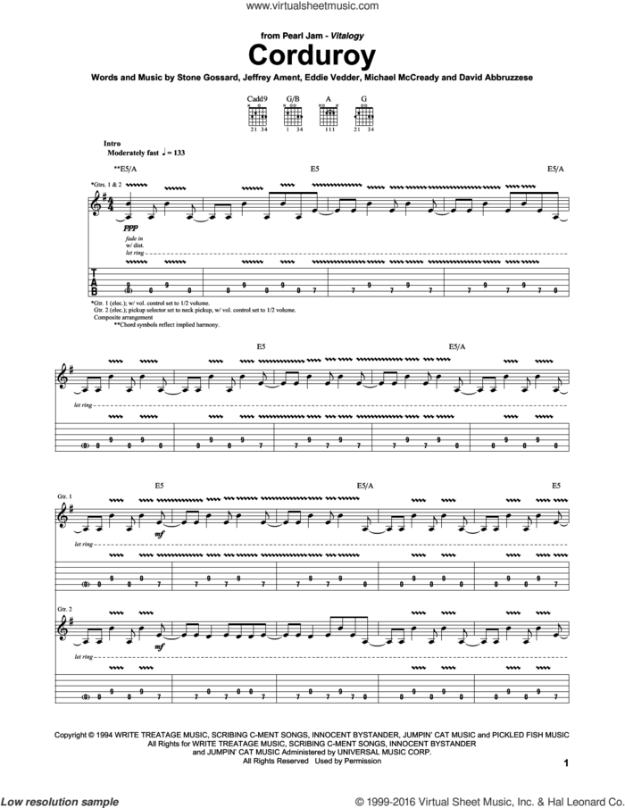 Corduroy sheet music for guitar (tablature) by Pearl Jam, David Abbruzzese, Eddie Vedder, Jeff Ament, Michael McCready and Stone Gossard, intermediate skill level