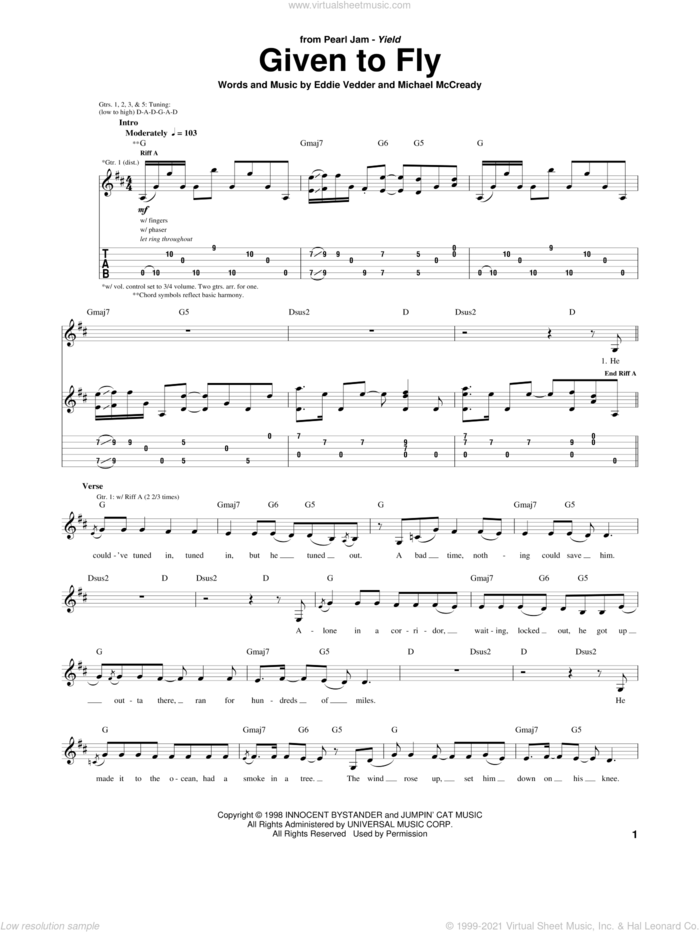 Given To Fly sheet music for guitar (tablature) by Pearl Jam, Eddie Vedder and Michael McCready, intermediate skill level