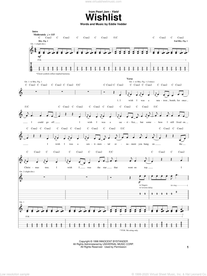 Wishlist sheet music for guitar (tablature) by Pearl Jam and Eddie Vedder, intermediate skill level