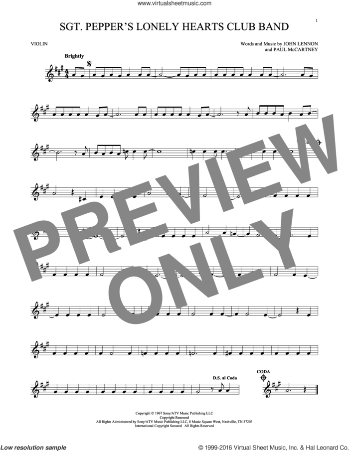 Sgt. Pepper's Lonely Hearts Club Band sheet music for violin solo by The Beatles, John Lennon and Paul McCartney, intermediate skill level