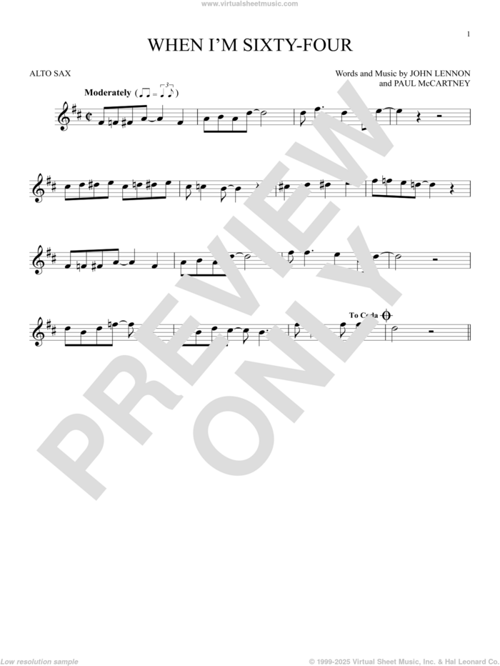When I'm Sixty-Four sheet music for alto saxophone solo by The Beatles, John Lennon and Paul McCartney, intermediate skill level