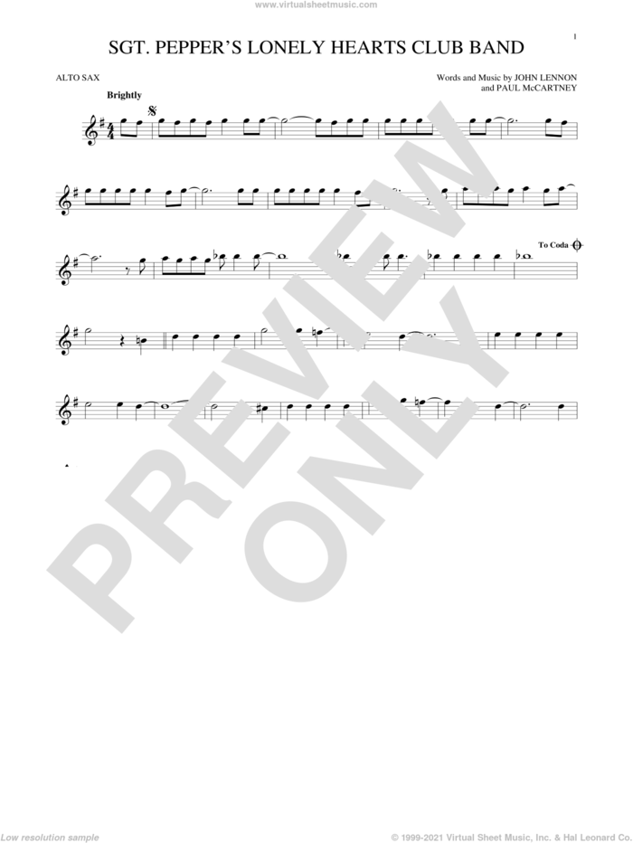 Sgt. Pepper's Lonely Hearts Club Band sheet music for alto saxophone solo by The Beatles, John Lennon and Paul McCartney, intermediate skill level
