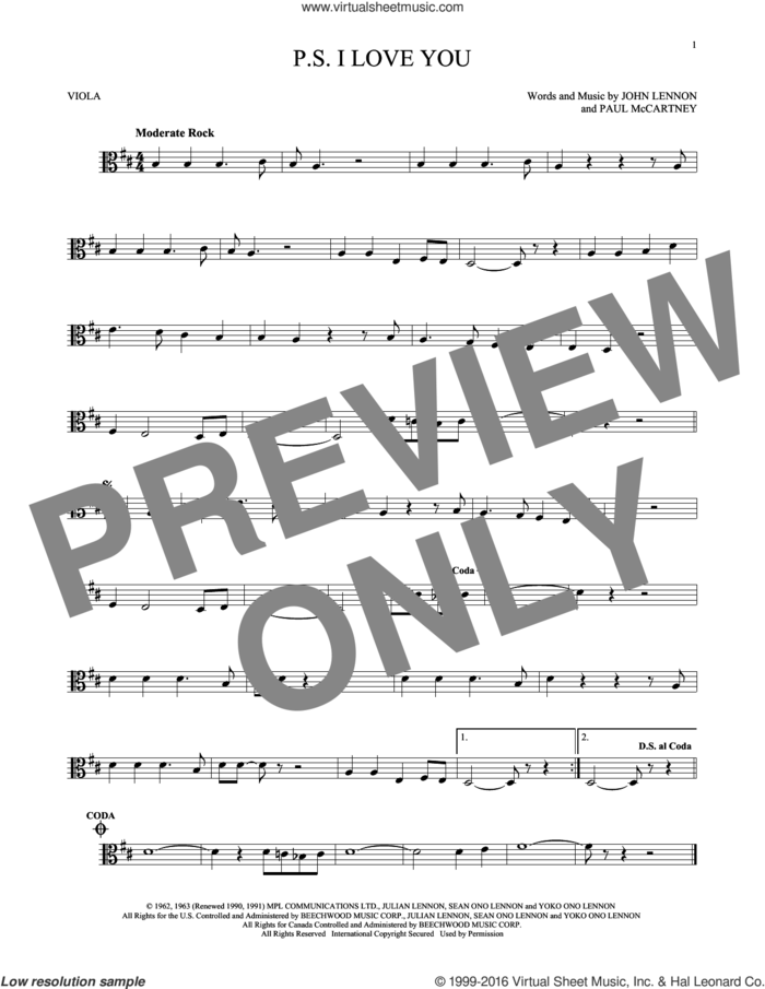 P.S. I Love You sheet music for viola solo by The Beatles, John Lennon and Paul McCartney, intermediate skill level