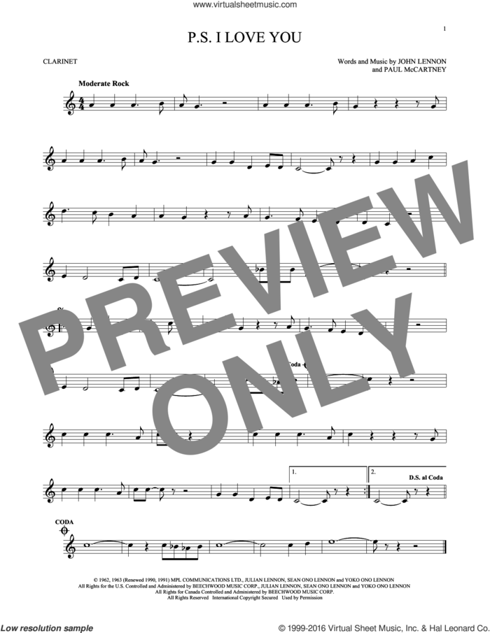 P.S. I Love You sheet music for clarinet solo by The Beatles, John Lennon and Paul McCartney, intermediate skill level