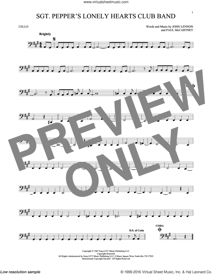 Sgt. Pepper's Lonely Hearts Club Band sheet music for cello solo by The Beatles, John Lennon and Paul McCartney, intermediate skill level