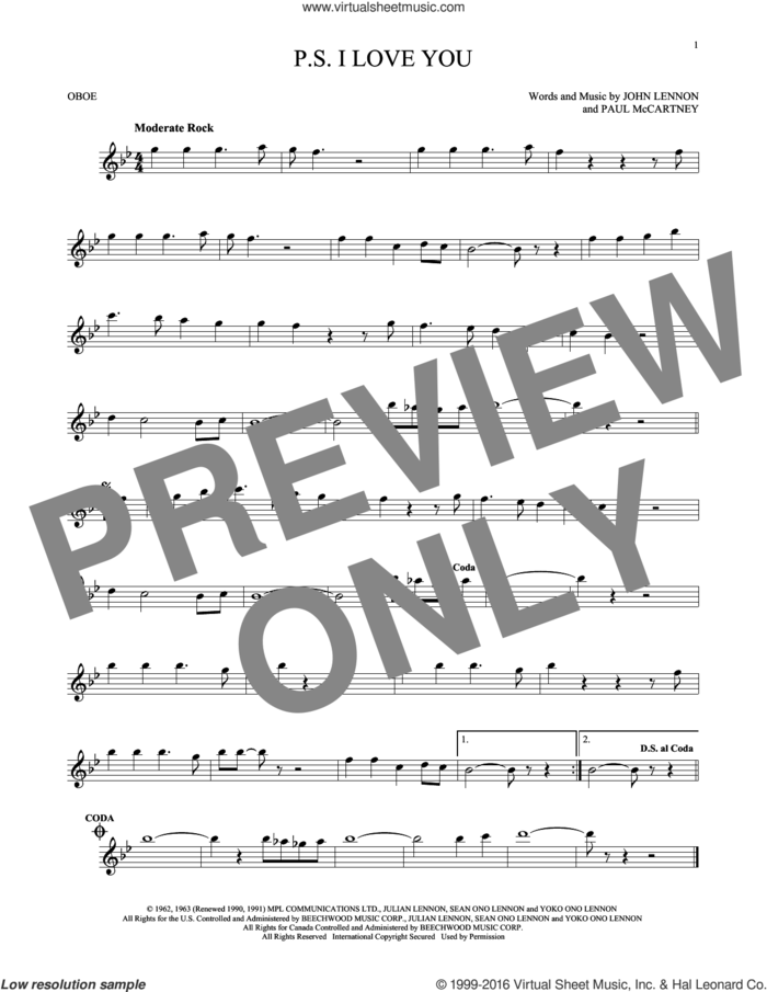 P.S. I Love You sheet music for oboe solo by The Beatles, John Lennon and Paul McCartney, intermediate skill level