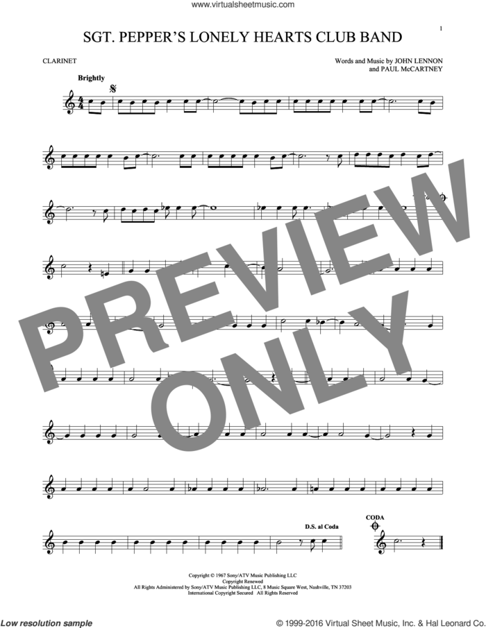 Sgt. Pepper's Lonely Hearts Club Band sheet music for clarinet solo by The Beatles, John Lennon and Paul McCartney, intermediate skill level