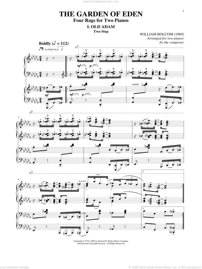 Old Adam (for 2 pianos) sheet music for two pianos by William Bolcom, intermediate duet