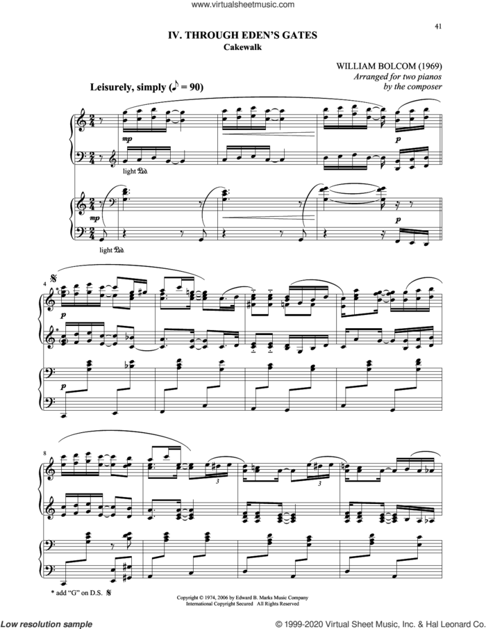 Through Eden's Gates sheet music for two pianos by William Bolcom, intermediate duet