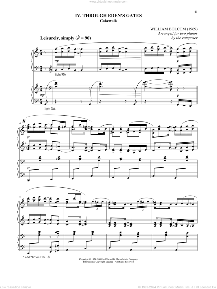 Through Eden's Gates sheet music for two pianos by William Bolcom, intermediate duet