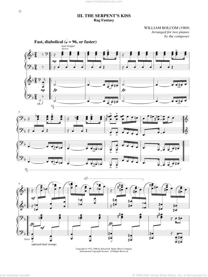 The Serpent's Kiss (for 2 Pianos) sheet music for two pianos by William Bolcom, intermediate duet
