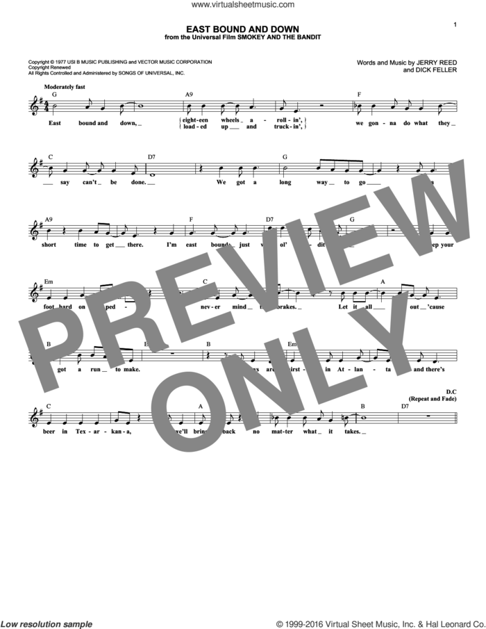 East Bound And Down sheet music for voice and other instruments (fake book) by Jerry Reed and Dick Feller, intermediate skill level
