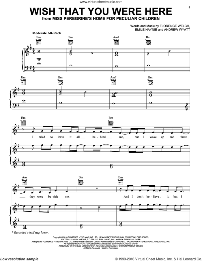 Wish That You Were Here sheet music for voice, piano or guitar by Florence And The Machine, Andrew Wyatt, Emile Haynie and Florence Welch, intermediate skill level