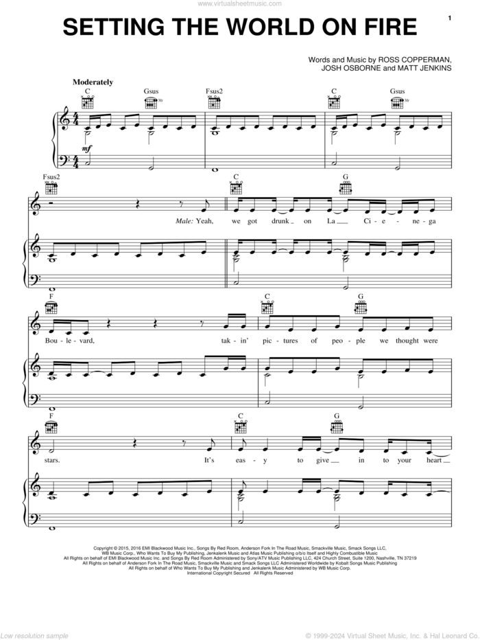 Setting The World On Fire sheet music for voice, piano or guitar by Kenny Chesney feat. Pink, Kenny Chesney, Miscellaneous, Josh Osborne, Matt Jenkins and Ross Copperman, intermediate skill level