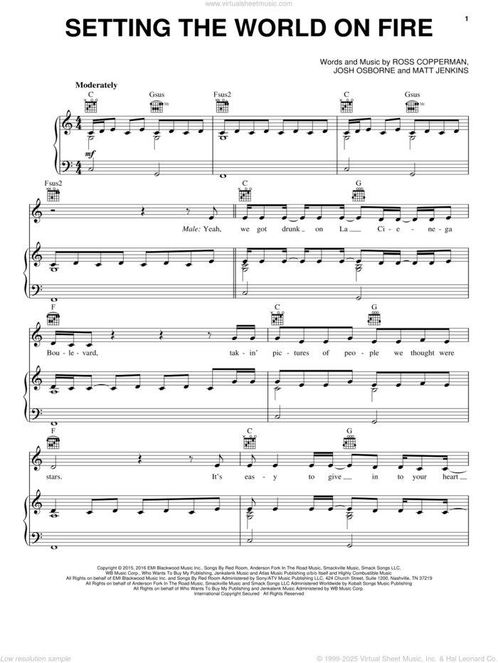 Setting The World On Fire sheet music for voice, piano or guitar by Kenny Chesney feat. Pink, Kenny Chesney, Miscellaneous, Josh Osborne, Matt Jenkins and Ross Copperman, intermediate skill level