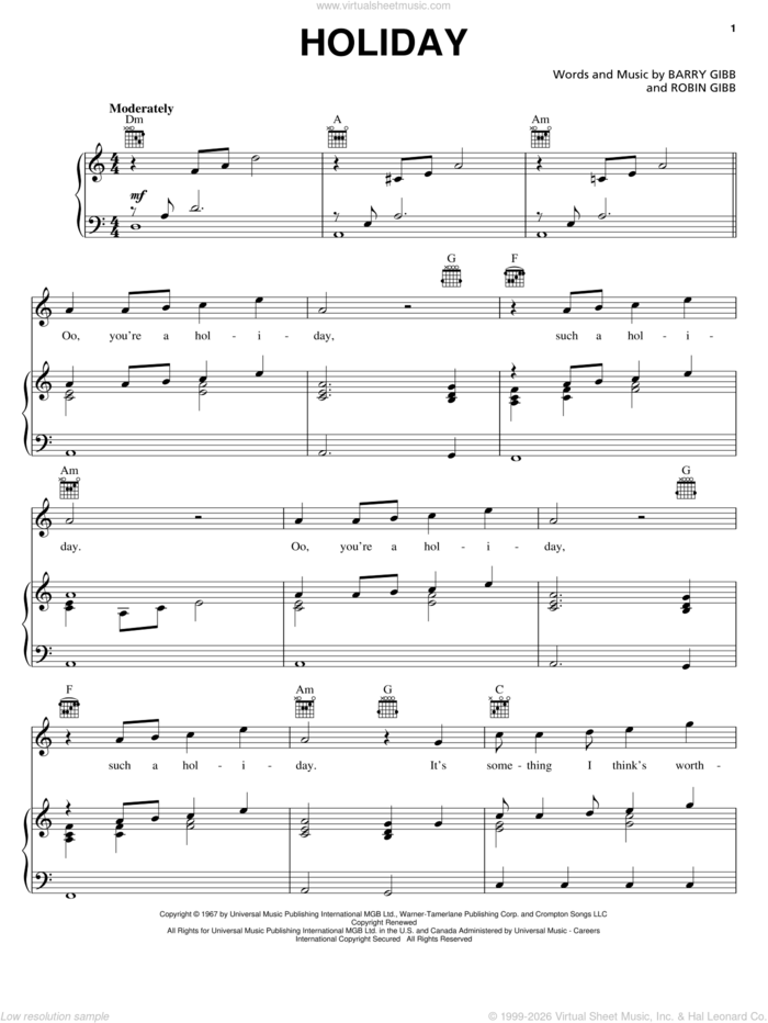 Holiday sheet music for voice, piano or guitar by Bee Gees, Barry Gibb and Robin Gibb, intermediate skill level